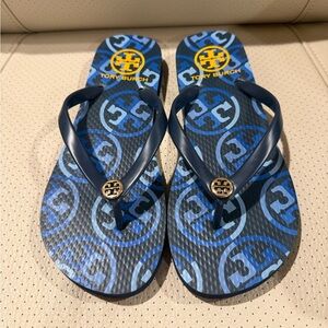 Size 6 - Tory Burch Navy and Sky Blue Flip Flops with Gold Accents